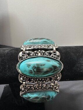 Vintage-Style Silver Tone Bracelet Large Faux Turquoise Marbled Stones & Filigre